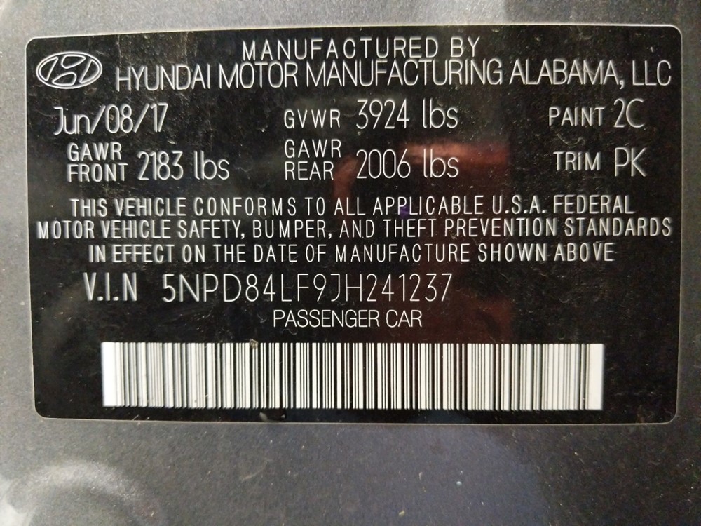 2018 Hyundai Elantra - VIN Plate