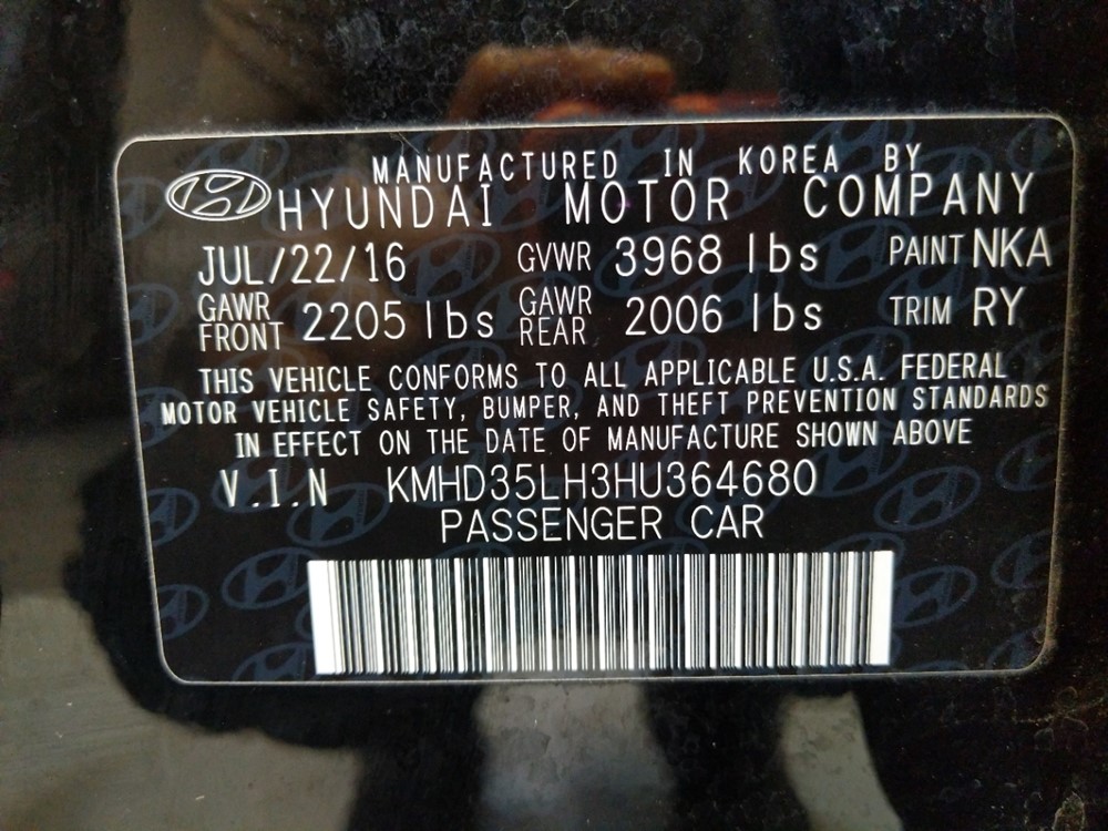 2017 Hyundai Elantra - VIN Plate