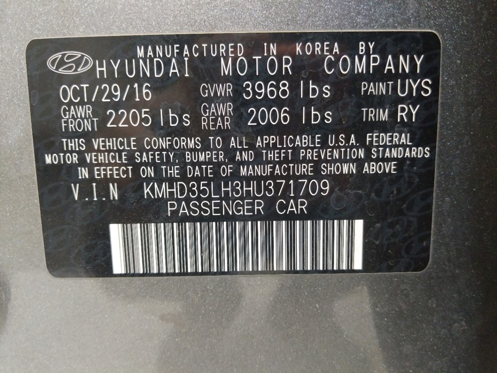 2017 Hyundai Elantra - VIN Plate