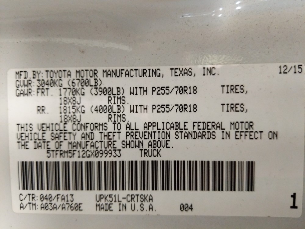 2016 Toyota Tundra - VIN Plate