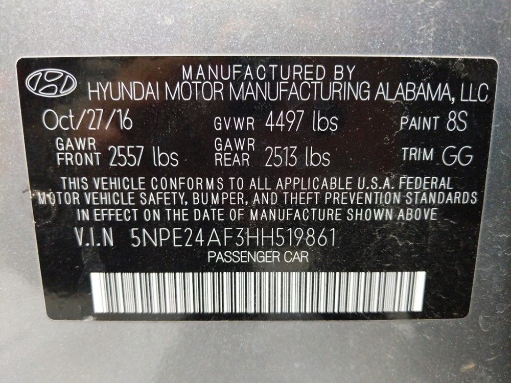 2017 Hyundai Sonata - VIN Plate