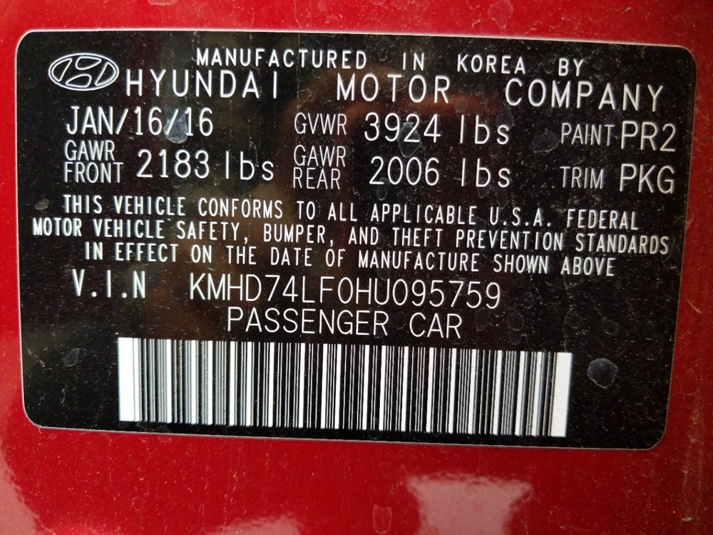 2017 Hyundai Elantra - VIN Plate