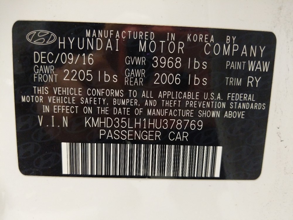 2017 Hyundai Elantra - VIN Plate