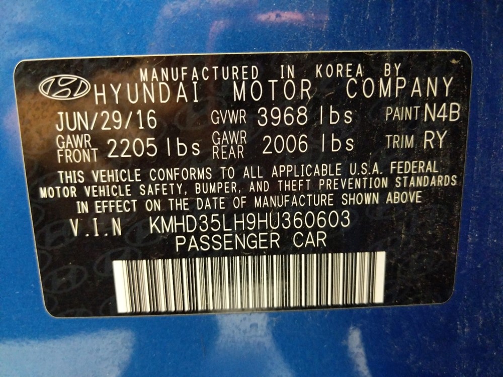 2017 Hyundai Elantra - VIN Plate