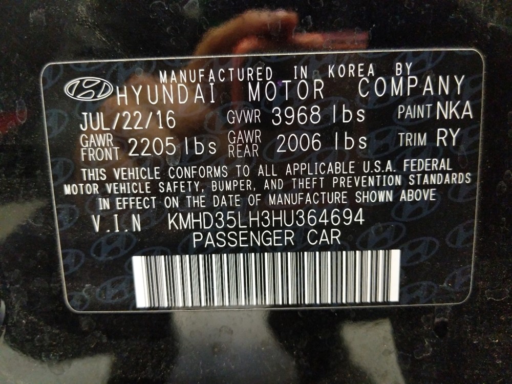 2017 Hyundai Elantra - VIN Plate