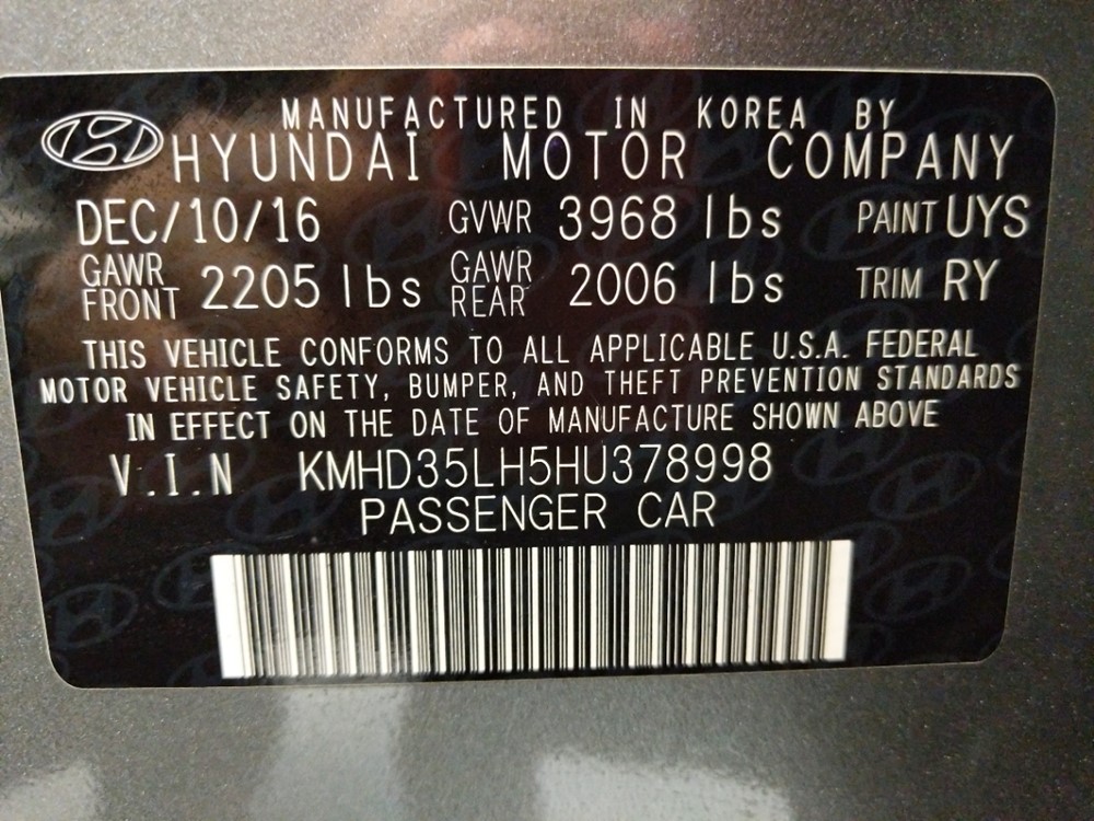 2017 Hyundai Elantra - VIN Plate
