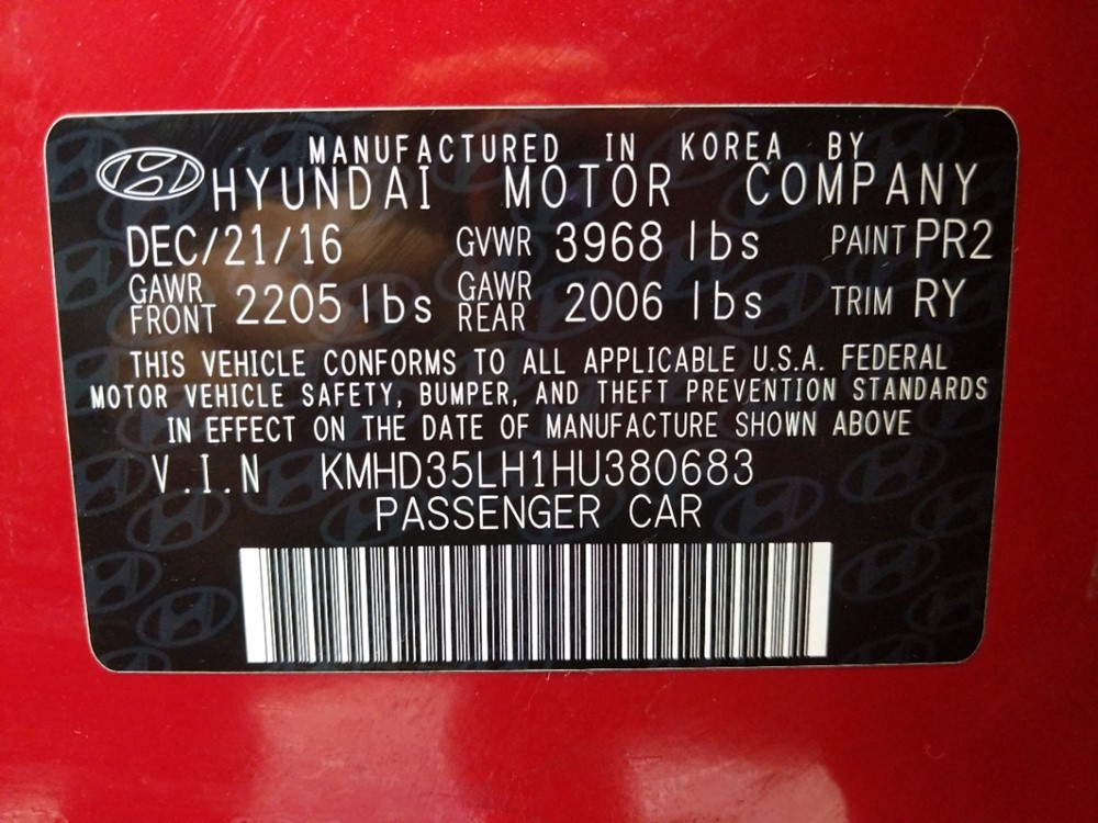 2017 Hyundai Elantra - VIN Plate