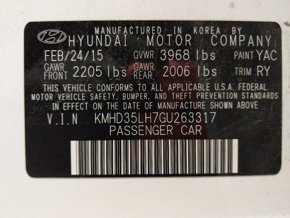 2016 Hyundai Elantra - VIN Plate