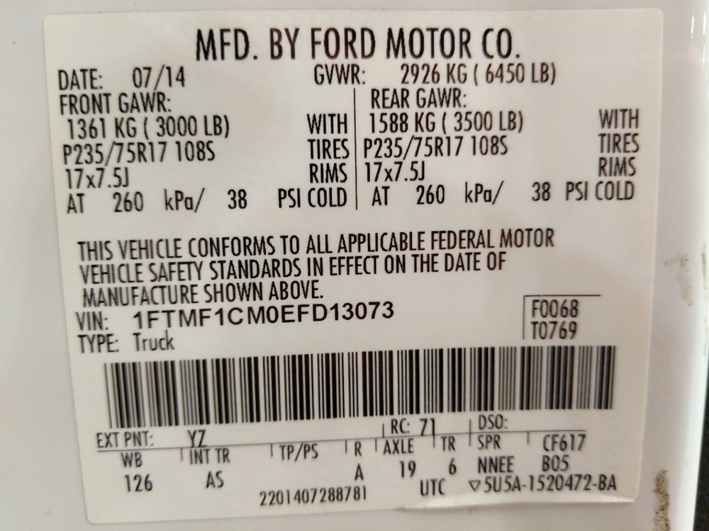 2014 Ford F-150 - VIN Plate