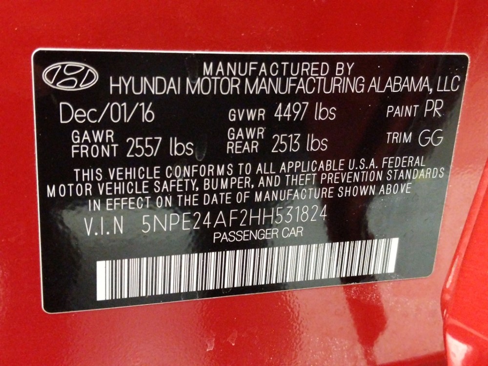 2017 Hyundai Sonata - VIN Plate