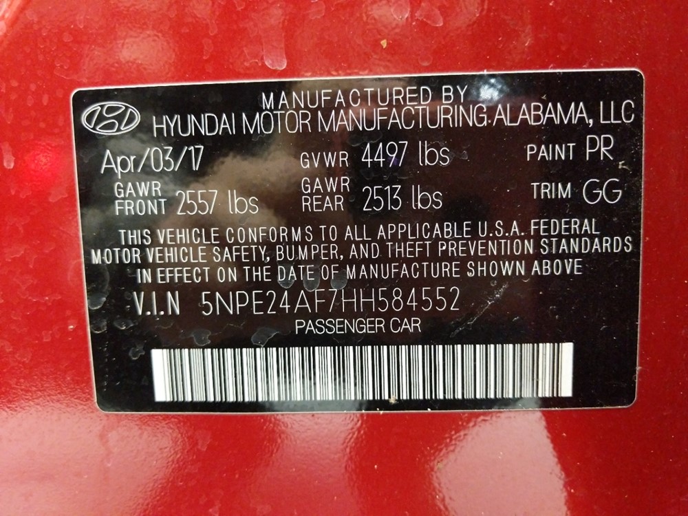 2017 Hyundai Sonata - VIN Plate