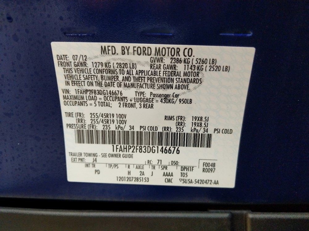 2013 Ford Taurus - VIN Plate