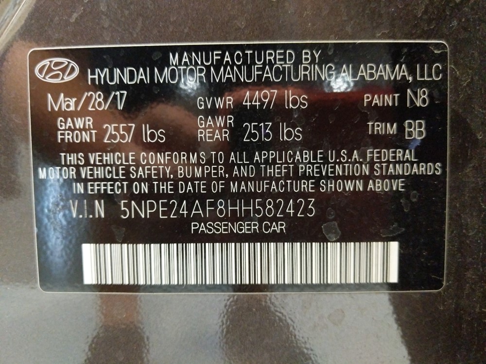 2017 Hyundai Sonata - VIN Plate