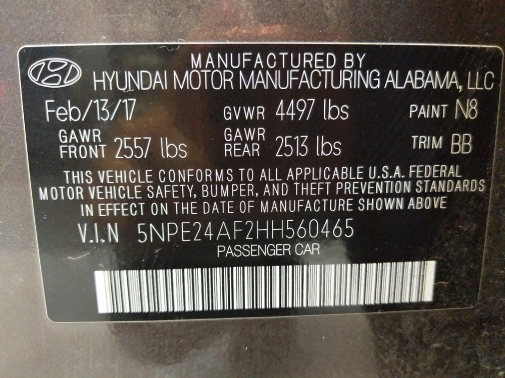 2017 Hyundai Sonata - VIN Plate