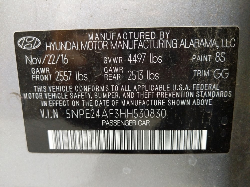2017 Hyundai Sonata - VIN Plate