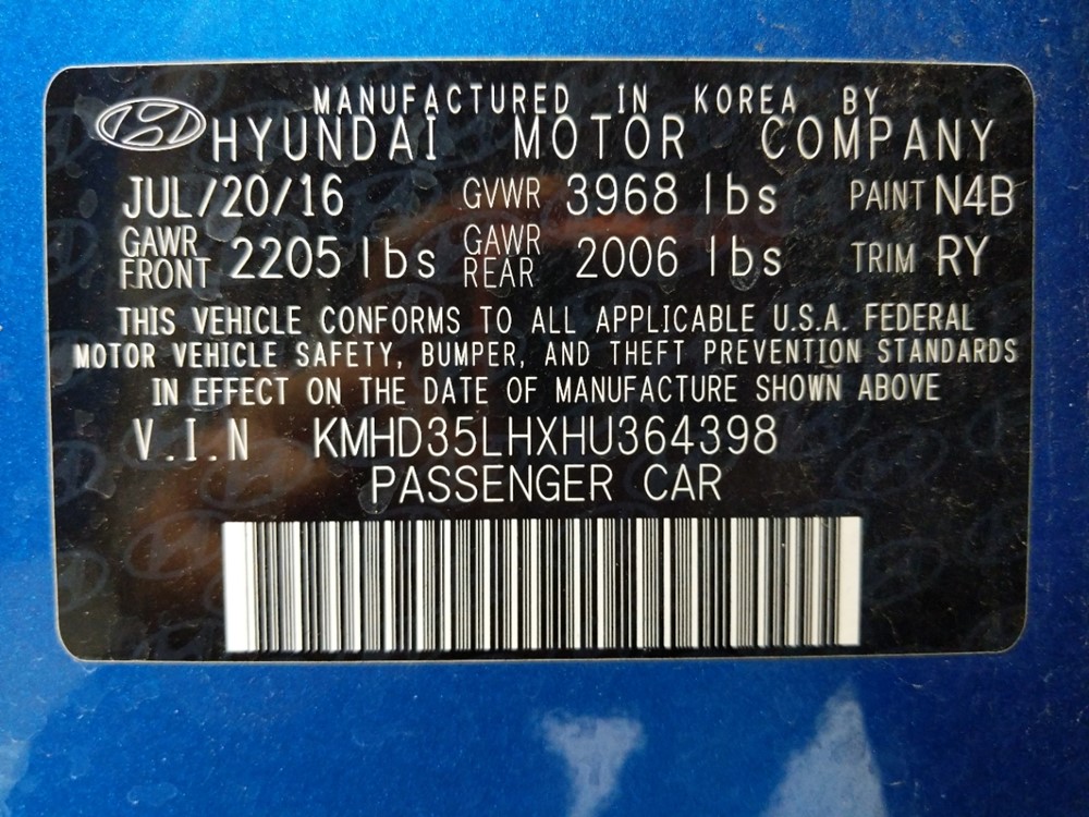 2017 Hyundai Elantra - VIN Plate