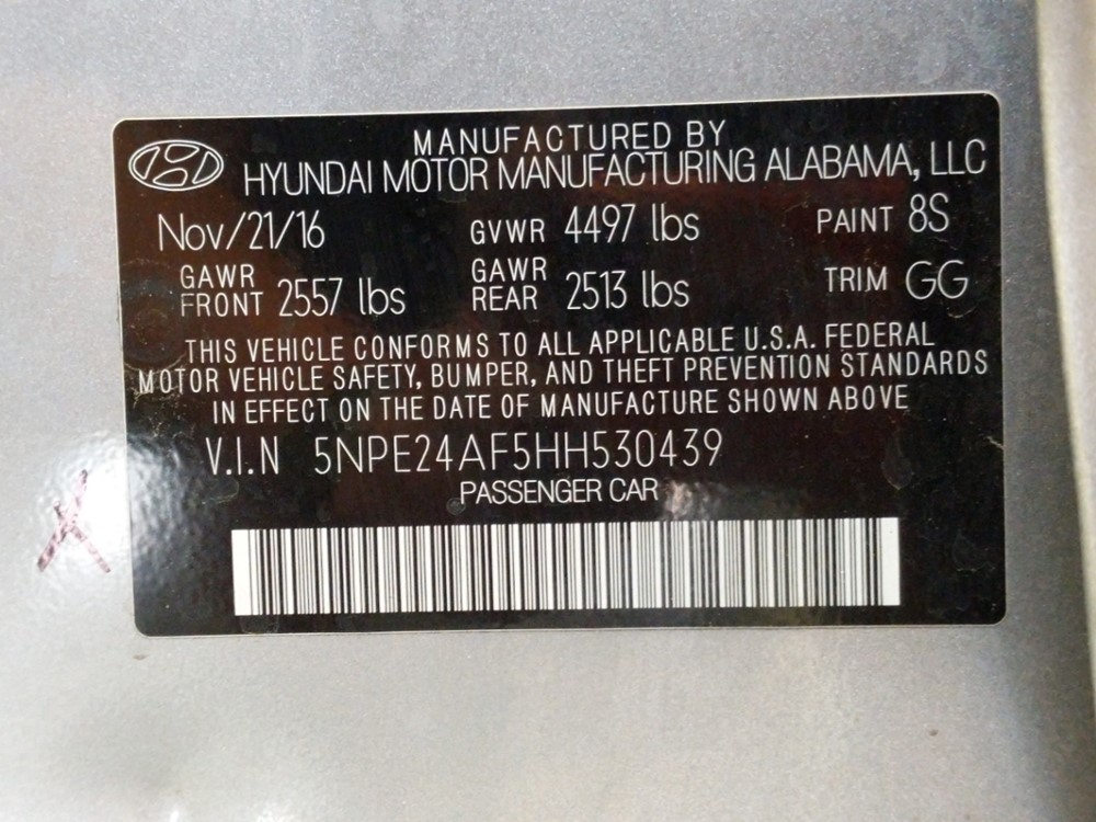 2017 Hyundai Sonata - VIN Plate