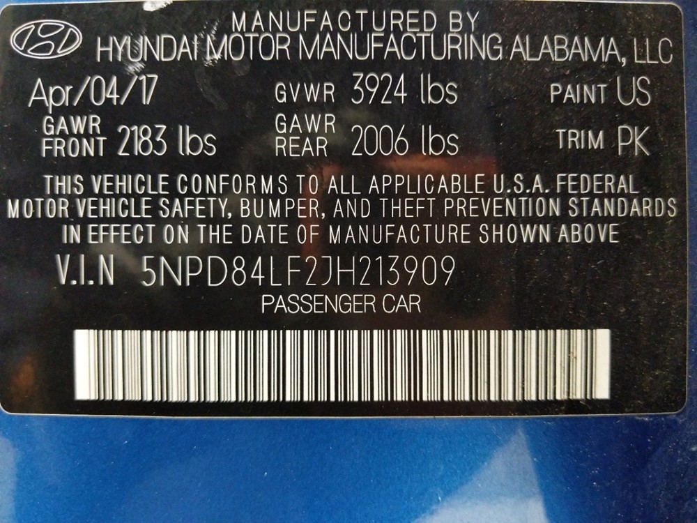 2018 Hyundai Elantra - VIN Plate