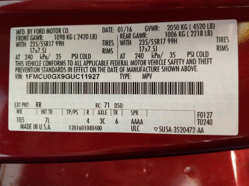 2016 Ford Escape - VIN Plate