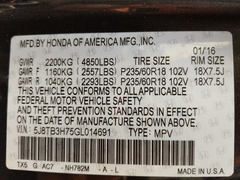 2016 Acura RDX - VIN Plate