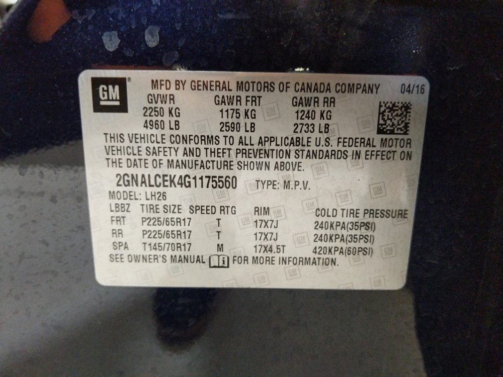 2016 Chevrolet Equinox - VIN Plate