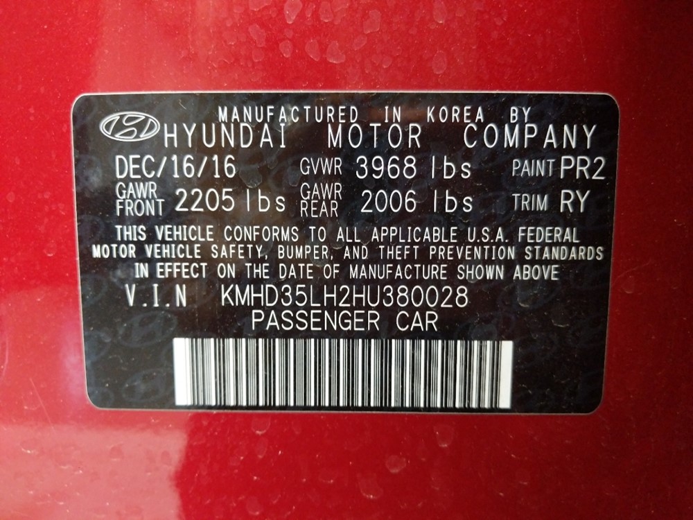 2017 Hyundai Elantra - VIN Plate