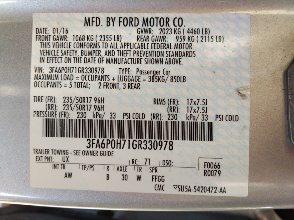 2016 Ford Fusion - VIN Plate