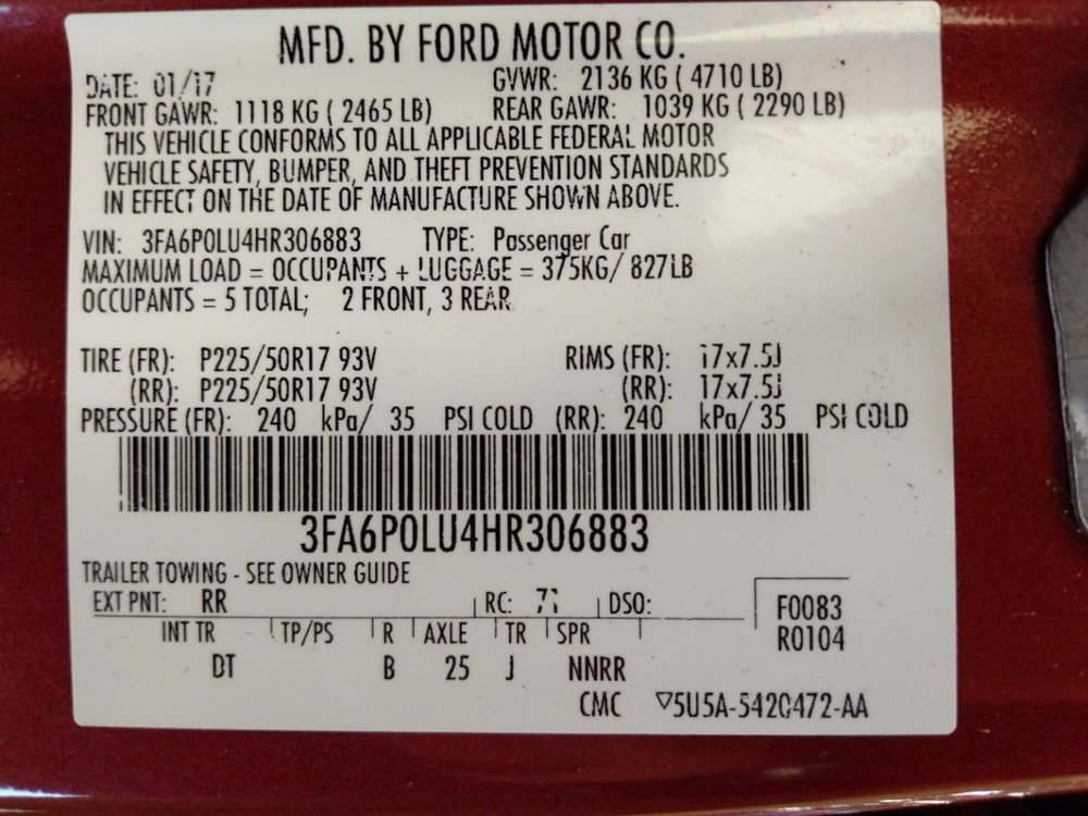 2017 Ford Fusion - VIN Plate