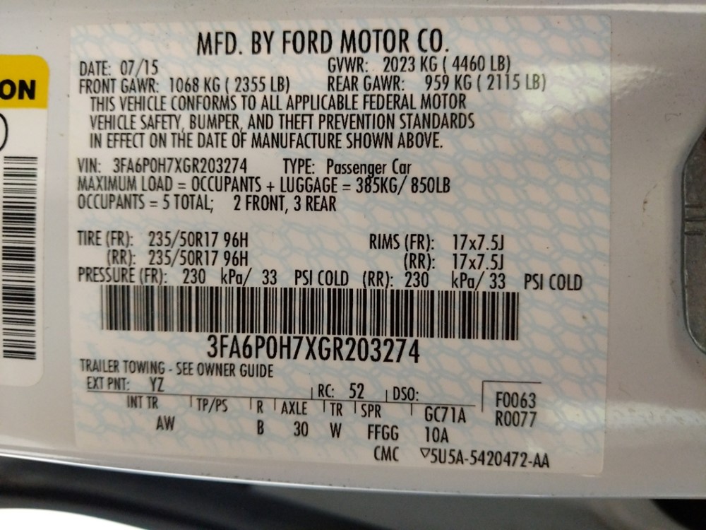 2016 Ford Fusion - VIN Plate