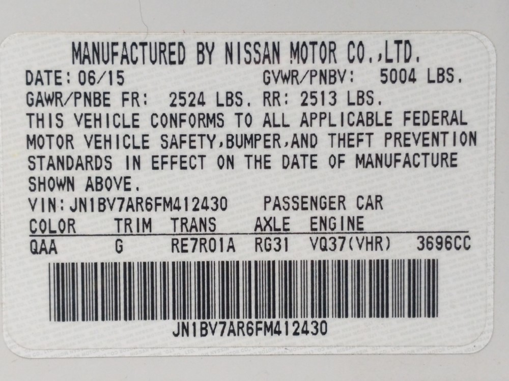 2015 INFINITI Q50 - VIN Plate