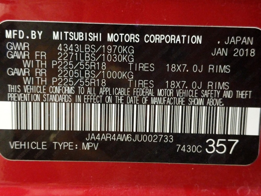 2018 Mitsubishi Outlander - VIN Plate