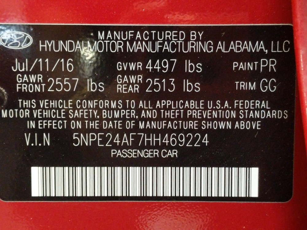 2017 Hyundai Sonata - VIN Plate