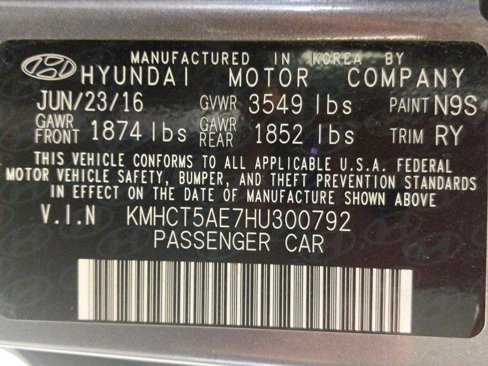 2017 Hyundai Accent - VIN Plate