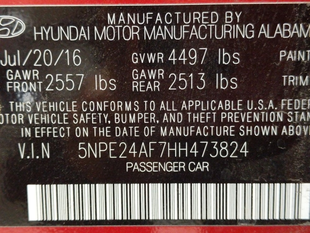 2017 Hyundai Sonata - VIN Plate