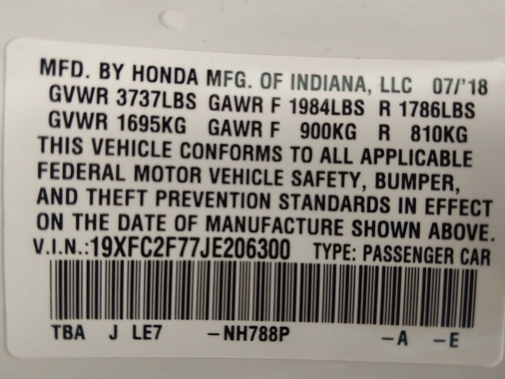 2018 Honda Civic - VIN Plate