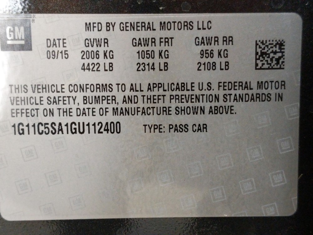 2016 Chevrolet Malibu - VIN Plate