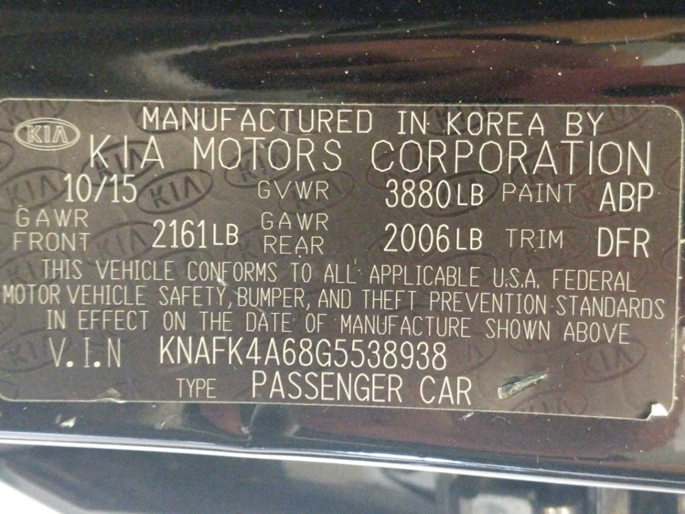 2016 Kia Forte - VIN Plate