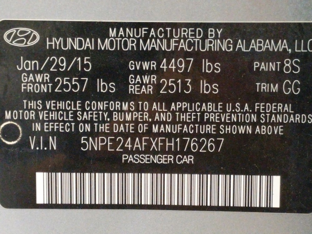 2015 Hyundai Sonata - VIN Plate