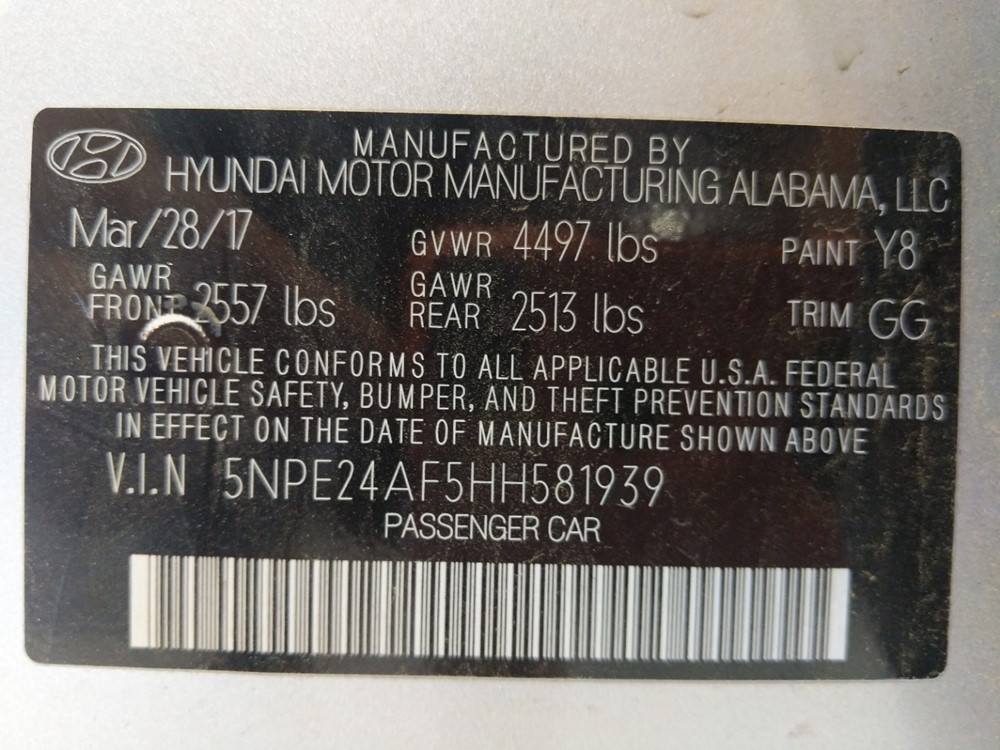 2017 Hyundai Sonata - VIN Plate