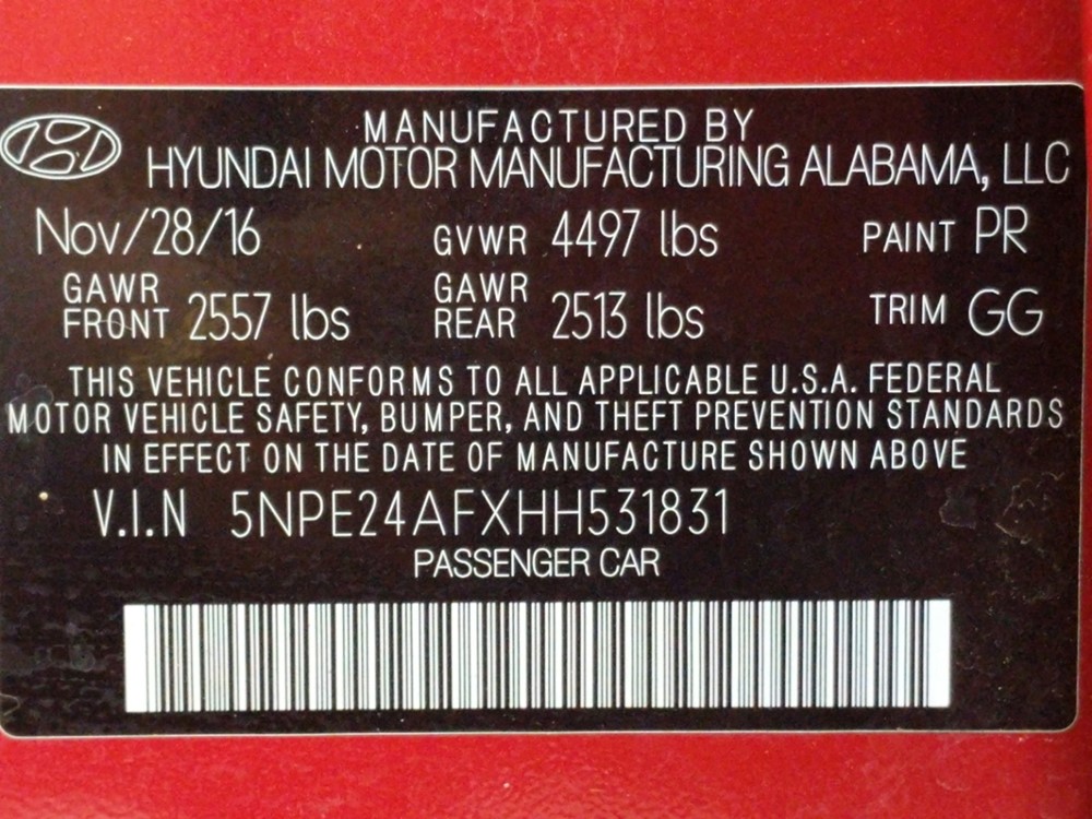 2017 Hyundai Sonata - VIN Plate