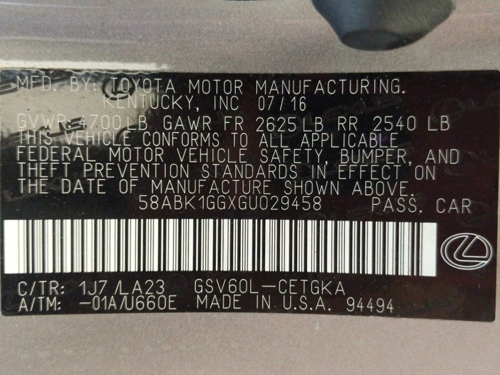 2016 Lexus ES 350 - VIN Plate