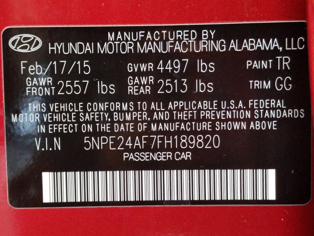 2015 Hyundai Sonata - VIN Plate