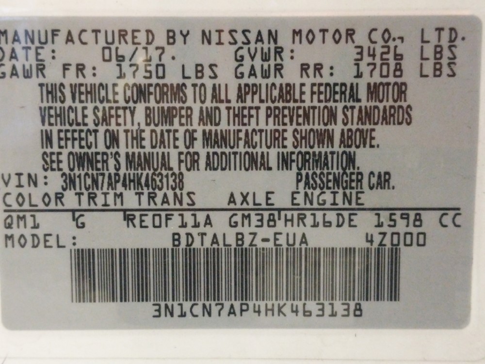 2017 Nissan Versa - VIN Plate