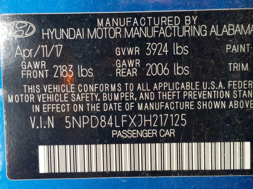 2018 Hyundai Elantra - VIN Plate