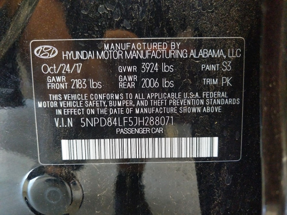 2018 Hyundai Elantra - VIN Plate