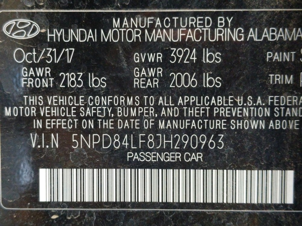 2018 Hyundai Elantra - VIN Plate
