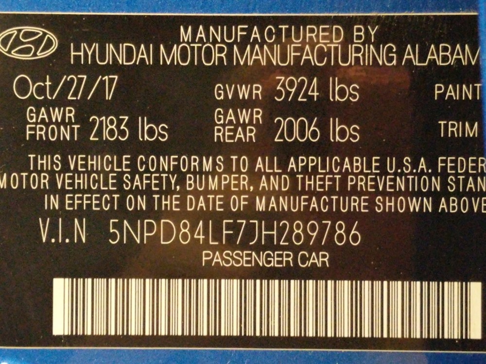 2018 Hyundai Elantra - VIN Plate