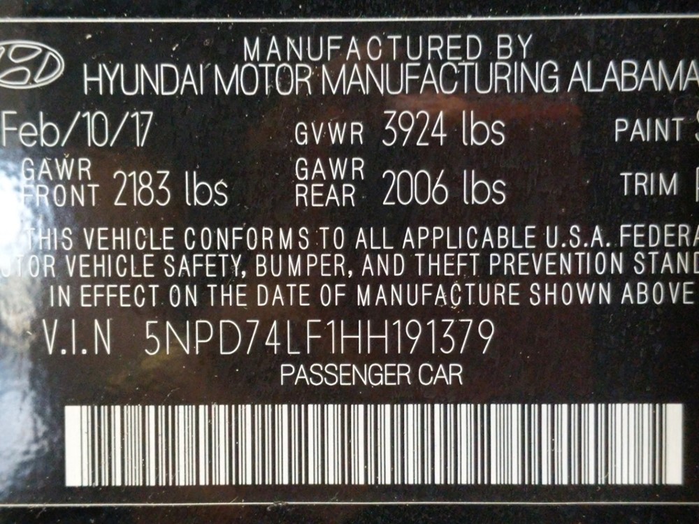 2017 Hyundai Elantra - VIN Plate