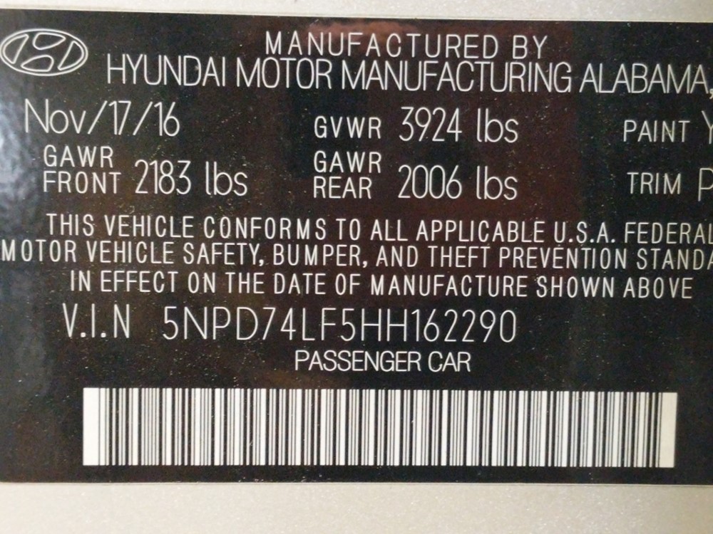 2017 Hyundai Elantra - VIN Plate