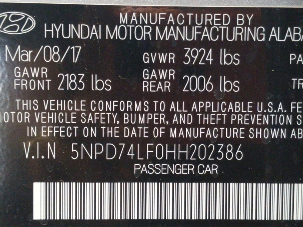 2017 Hyundai Elantra - VIN Plate